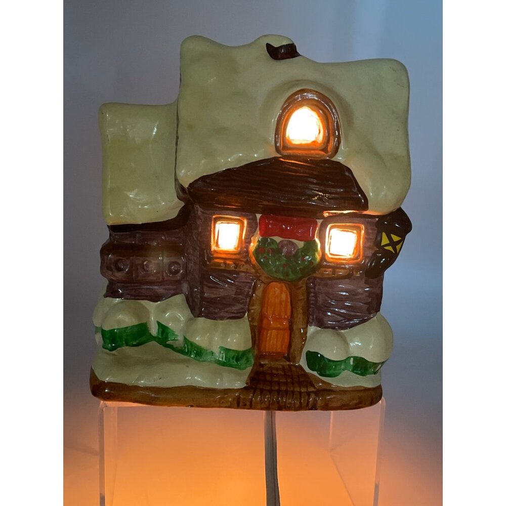 Vtg Holiday Ceramic Illuminated Cabin Snow House Hand Painted Village